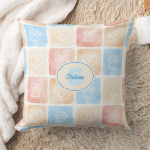 Watercolor Paw Prints & Hearts in Boxes Throw Pillow