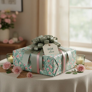 Watercolor peach and green floral pattern wrapping paper