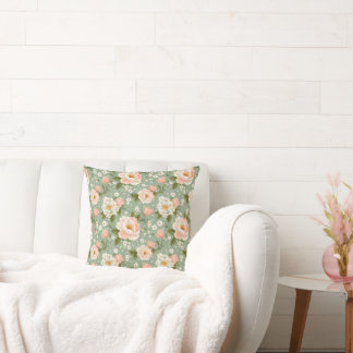 Watercolor Peach and Green Floral Throw Pillow