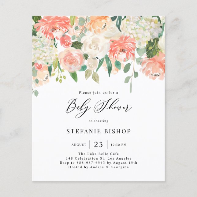 Watercolor Peach and Ivory Flowers Baby Shower (Front)