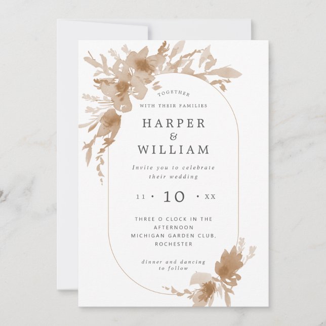Watercolor peach/ beige floral oblong frame  invit invitation (Front)