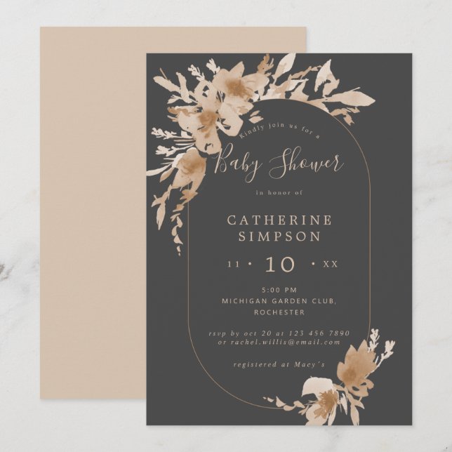 Watercolor peach/ beige grey floral baby shower invitation (Front/Back)