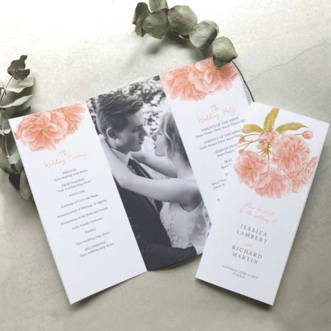 Watercolor peach blossom wedding trifold program flyer (Creator Uploaded)