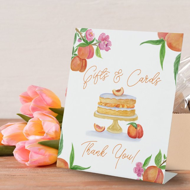 Watercolor Peach Cake Bridal Shower Gifts & Cards Pedestal Sign (Creator Uploaded)