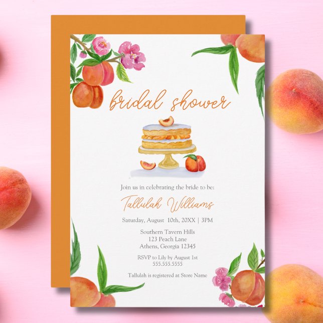 Watercolor Peach Cake With Blossoms Bridal Shower Invitation (Creator Uploaded)