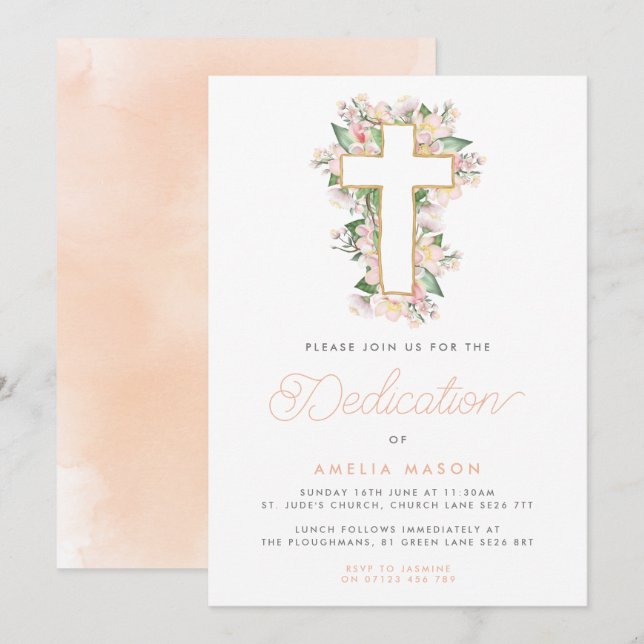 Watercolor Peach Floral Cross Baby Dedication Invitation (Front/Back)