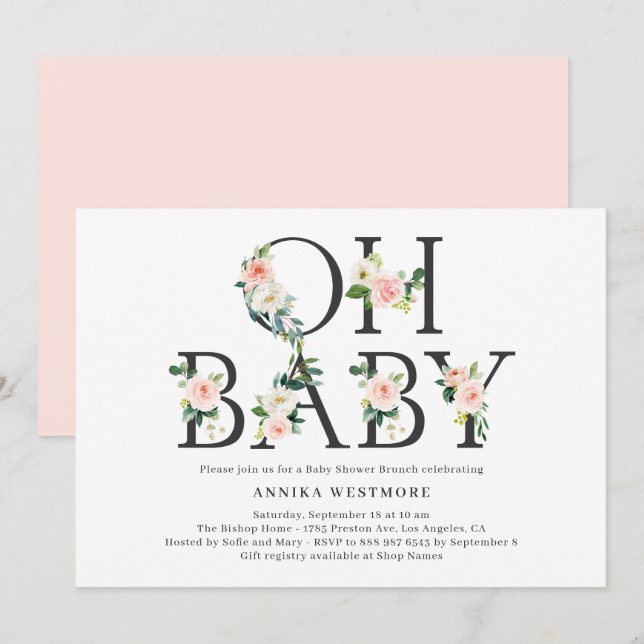 Watercolor Peach Floral Letters Baby Shower Brunch Invitation (Front/Back)