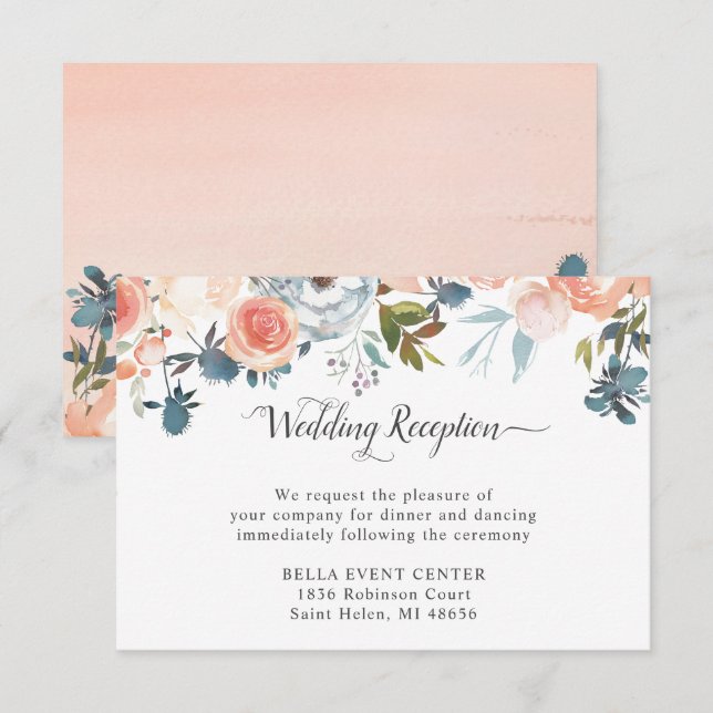 Watercolor Peach Floral Wedding Reception Details Invitation (Front/Back)