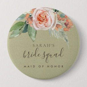 WATERCOLOR PEACH FLOWER  BRIDE SQUAD MAID OF HONOR 4 INCH ROUND BUTTON