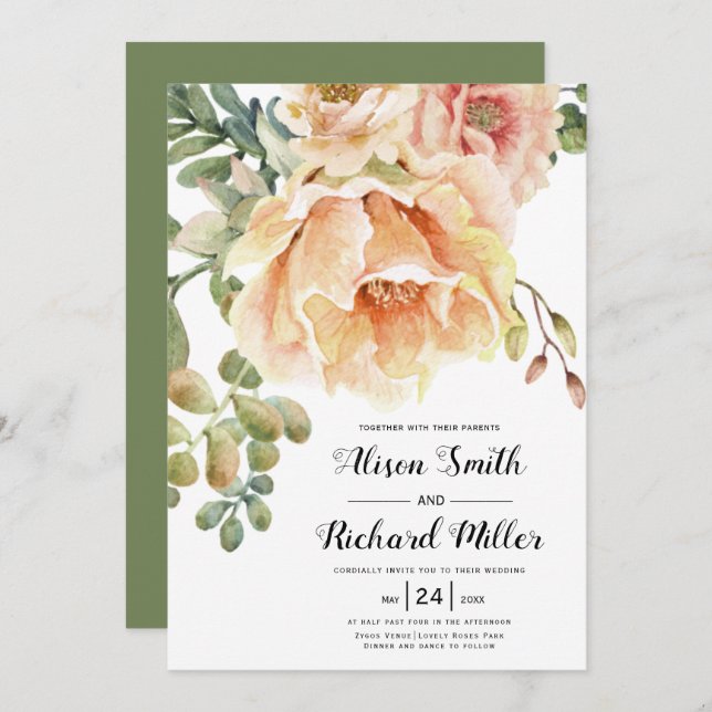 Watercolor peach flowers script typography wedding invitation (Front/Back)