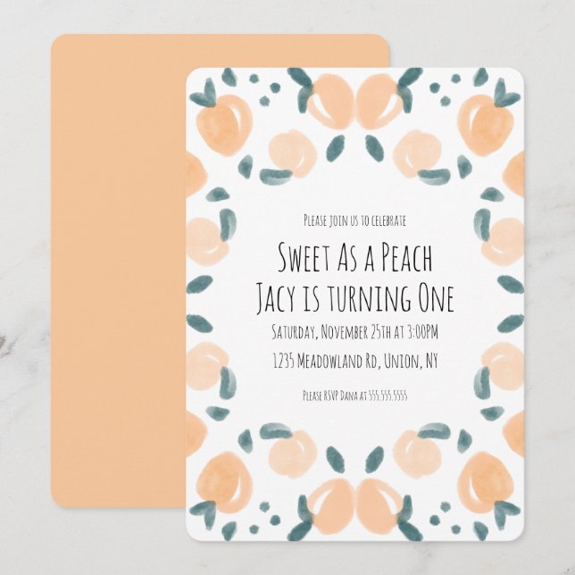 Watercolor Peach Fruit Birthday Party Border Art Invitation (Front/Back)