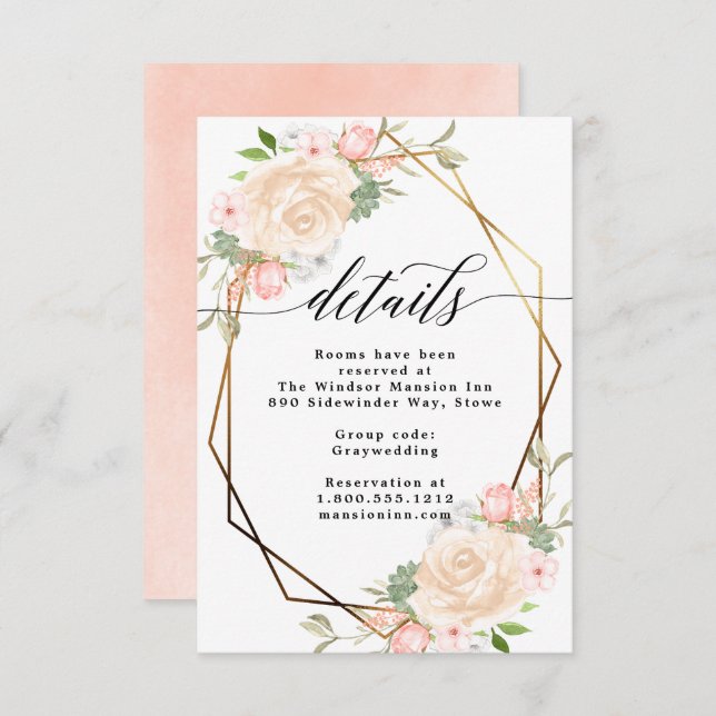 Watercolor peach geometric frame wedding details invitation (Front/Back)