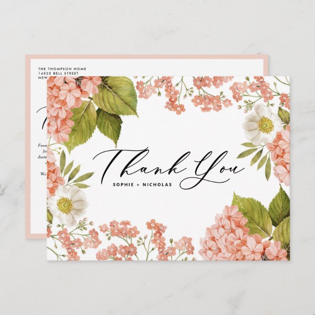 Watercolor Peach Hydrangea Wedding Thank You Postcard (Front/Back)