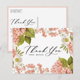 Watercolor Peach Hydrangea Wedding Thank You Postcard