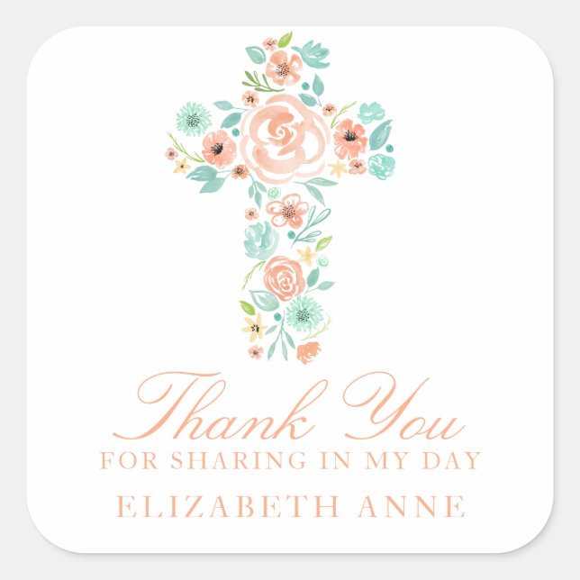 Watercolor Peach Mint Flower Cross First Communion Square Sticker (Front)