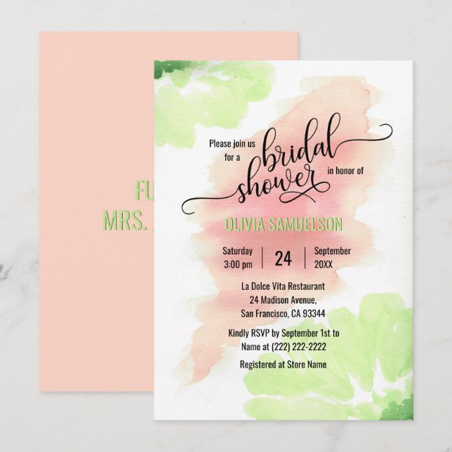 Watercolor Peach, Mint Green Wedding Bridal Shower Invitation (Front/Back)