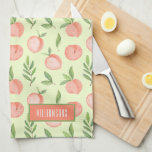 Watercolor Peach Pattern Personalized Green Kitchen Towel<br><div class="desc">This pale green kitchen towel has an elegant watercolor peach and greenery pattern personalized with your name (back is white.) You can put this design on other products,  too!</div>