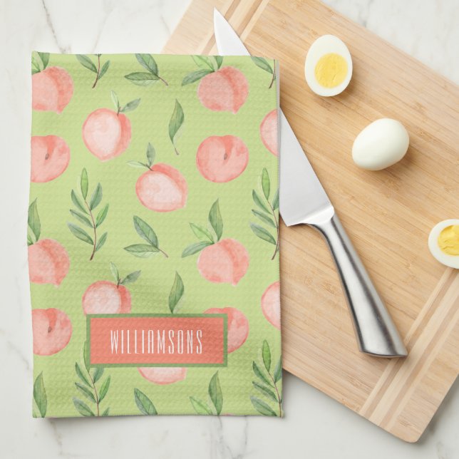 Watercolor Peach Pattern Personalized Lime Green Kitchen Towel (Quarter Fold)