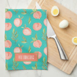 Watercolor Peach Pattern Personalized Turquoise Kitchen Towel<br><div class="desc">This kitchen towel has an elegant watercolor peach and greenery pattern personalized with your name on a turquoise background (white on the back.) You can put this design on other products,  too!</div>