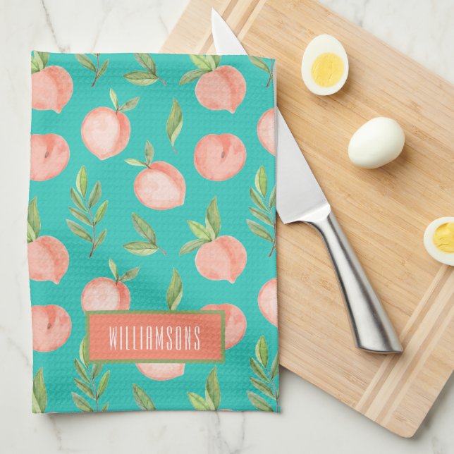 Watercolor Peach Pattern Personalized Turquoise Kitchen Towel (Quarter Fold)