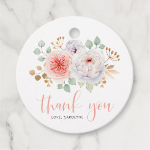 Watercolor Peach Peonies and Gold Leaves Thank You Favour Tags