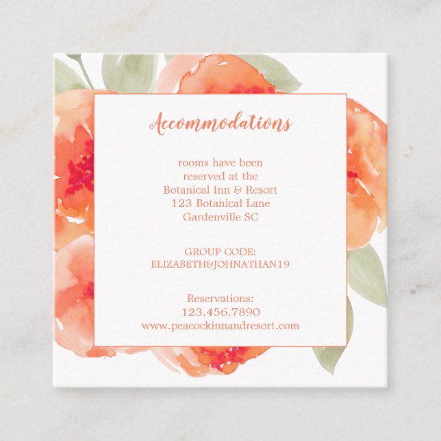 Watercolor Peach Peonies Wedding Accommodation Enclosure Card (Front)