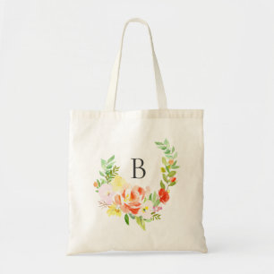 Watercolor Peach Peonies Wreath Monogram Tote Bag