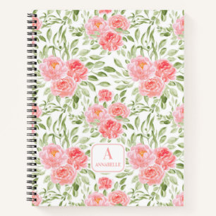 Watercolor Peach Peony Pattern Monogram Notebook