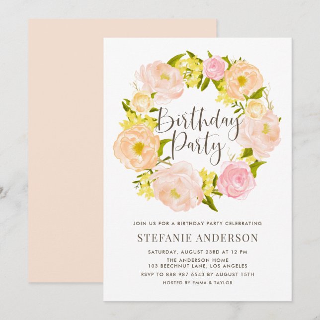 Watercolor Peach Peony Wreath Birthday Party Invitation (Front/Back)