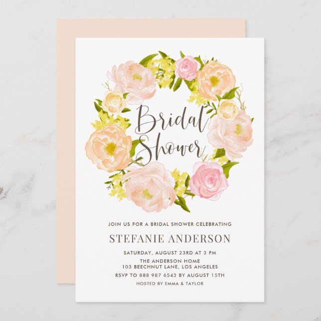 Watercolor Peach Peony Wreath Bridal Shower Invitation (Front/Back)