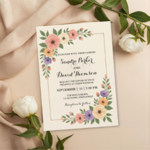 watercolor peach pink lavender romantic wedding invitation