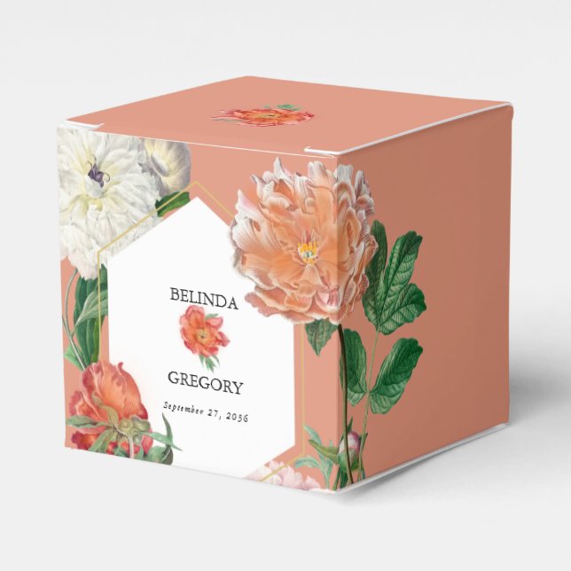 Watercolor Peach Pink Peonies Flowers Wedding Favor Box (Front Side)