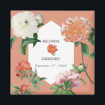 Watercolor Peach Pink Peonies Flowers Wedding Magnet<br><div class="desc">A beautiful watercolor peach and pink peonies flower wedding design with gold geometric frame on a peach background. A unique design that uses vintage botanical peony florals in peach and pink colour tones. An elegant peach and pink peonies floral design with a dash of greenery. A chic gold geometric frame...</div>