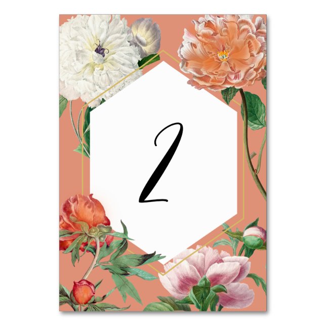 Watercolor Peach Pink Peonies Flowers Wedding Table Number (Front)
