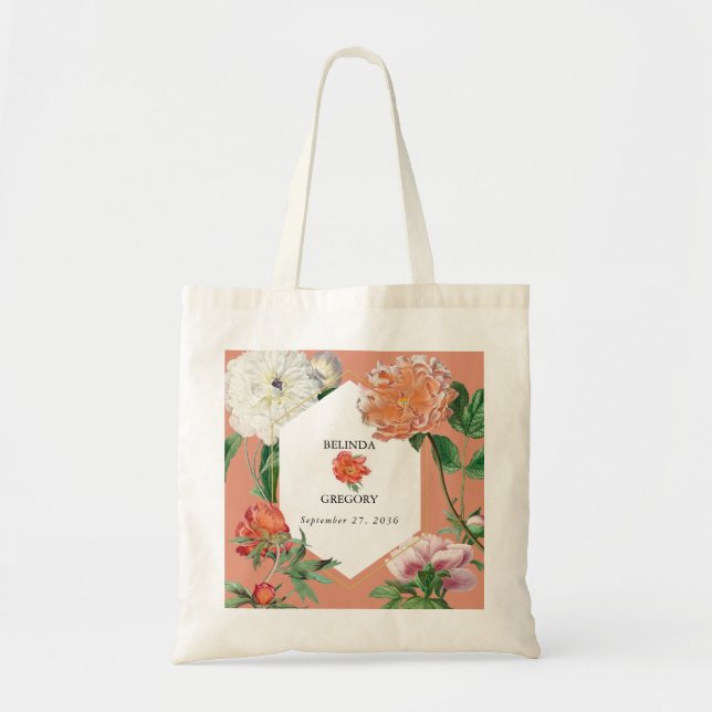 Watercolor Peach Pink Peonies Flowers Wedding Tote Bag (Front)