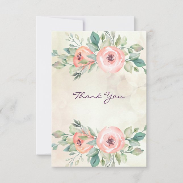 Watercolor Peach Roses Floral Thank You Card (Front)