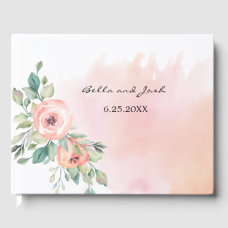 Watercolor Peach Roses Floral Wedding Guest Book
