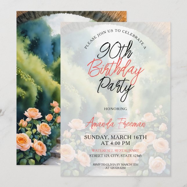 Watercolor Peach Roses Garden 90th Birthday Invitation (Front/Back)