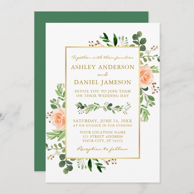 Watercolor Peach Roses Greenery Wedding Gold Invitation (Front/Back)