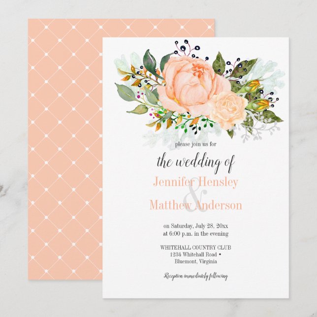 Watercolor Peach Roses Yellow Rose Buds Invitation (Front/Back)