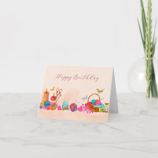 Watercolor peach sewing tools art birthday card