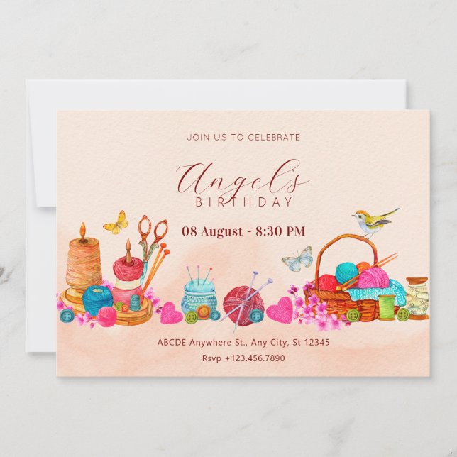 Watercolor peach sewing tools art birthday invitation (Front)