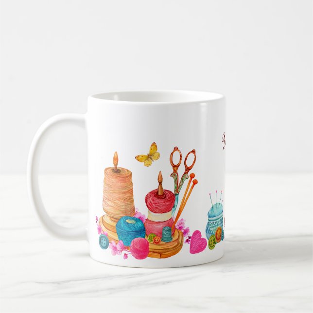 Watercolor peach sewing tools custom name coffee mug (Left)