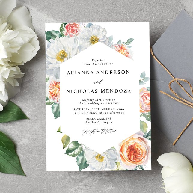 Watercolor Peach & White Floral Frame Wedding Invitation (Creator Uploaded)