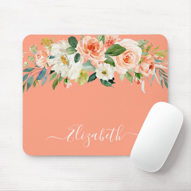 Watercolor Peach White Floral Trendy Script Mouse Pad (With Mouse)