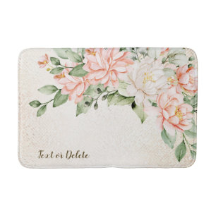 Watercolor Peach White Flowers Elegant Bath Mat