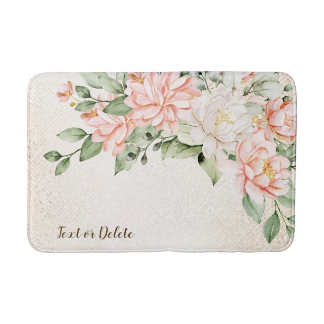 Watercolor Peach White Flowers Elegant Bath Mat (Front)