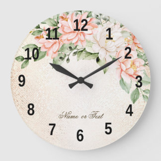 Watercolor Peach White Flowers Elegant Large Clock