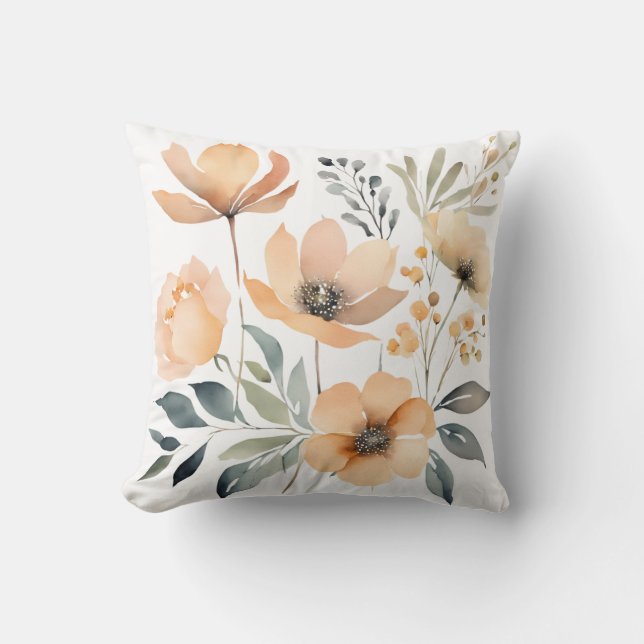 Watercolor Peach Yellow Flowers Botanical Floral  Throw Pillow (Front)
