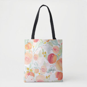 Watercolor Peaches and Flowers Pattern Tote Bag